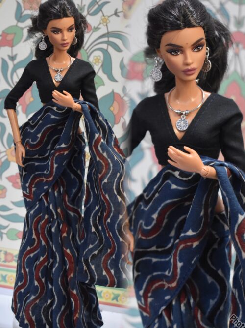 created-by-photogrid-362 Blue block printed cotton saree with accessories for doll