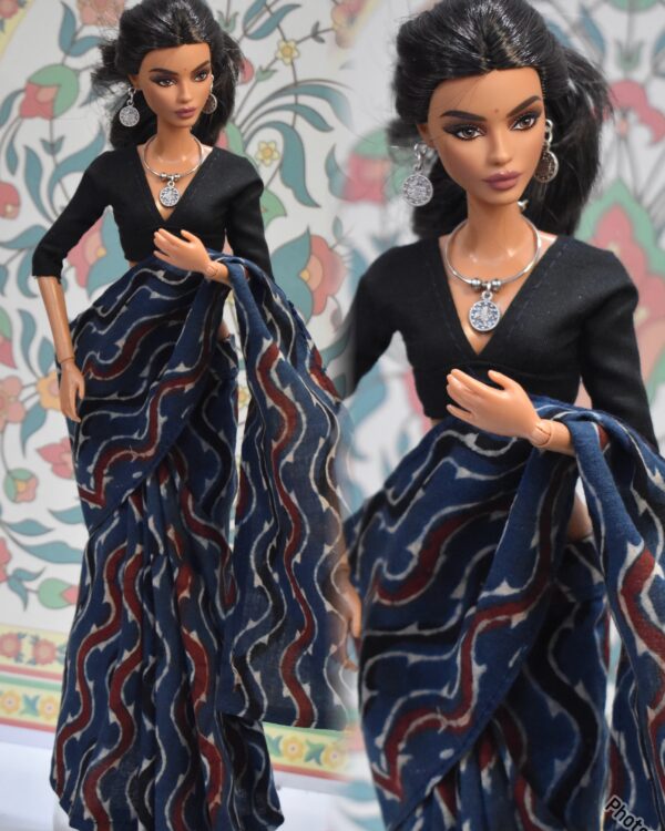 created-by-photogrid-362 Blue block printed cotton saree with accessories for doll