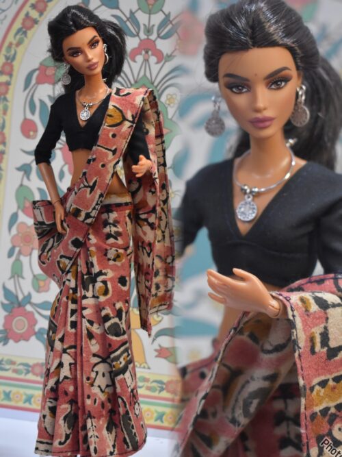 Pink kalamkari cotton saree with accessories for doll