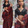 Maroon block printed cotton saree with accessories for doll