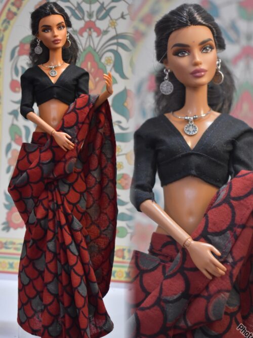 Maroon block printed cotton saree with accessories for doll