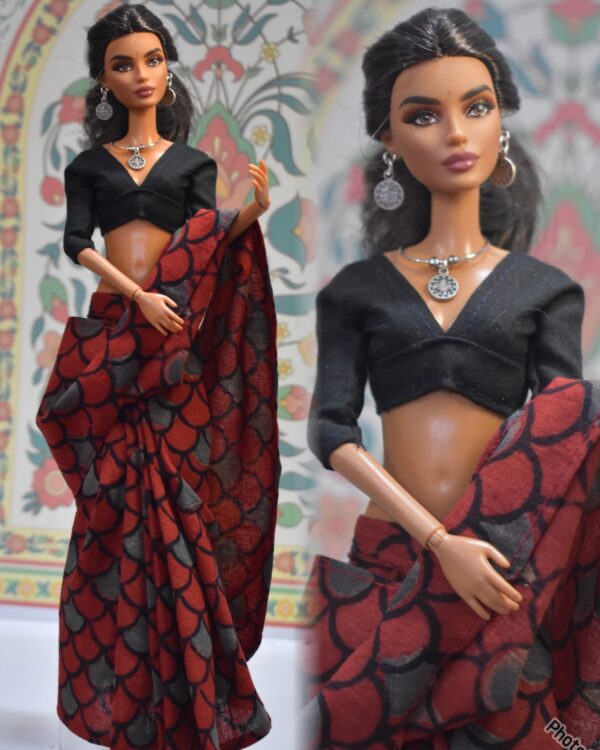 Maroon block printed cotton saree with accessories for doll