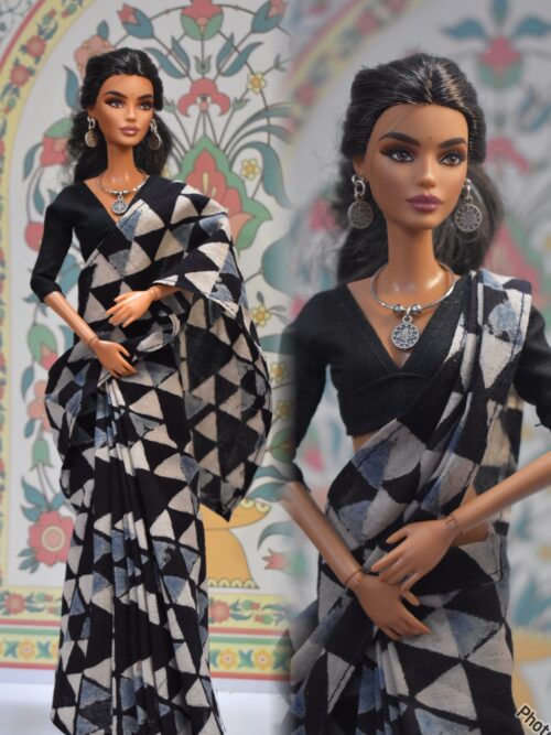 Block printed ajarak cotton saree with accessories for doll