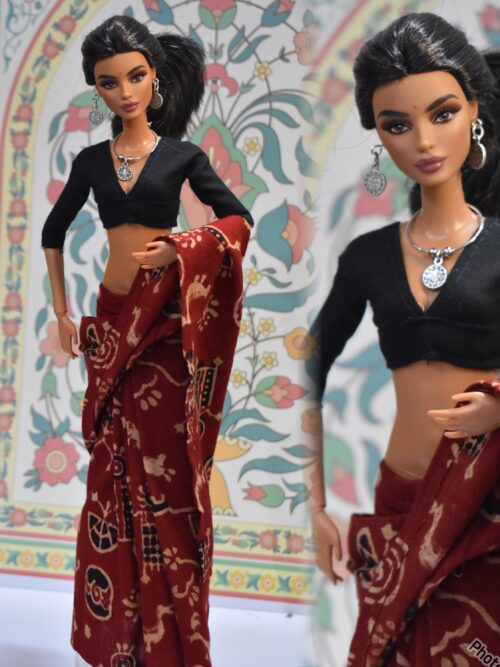 Maroon Worli print cotton saree with accessories for doll