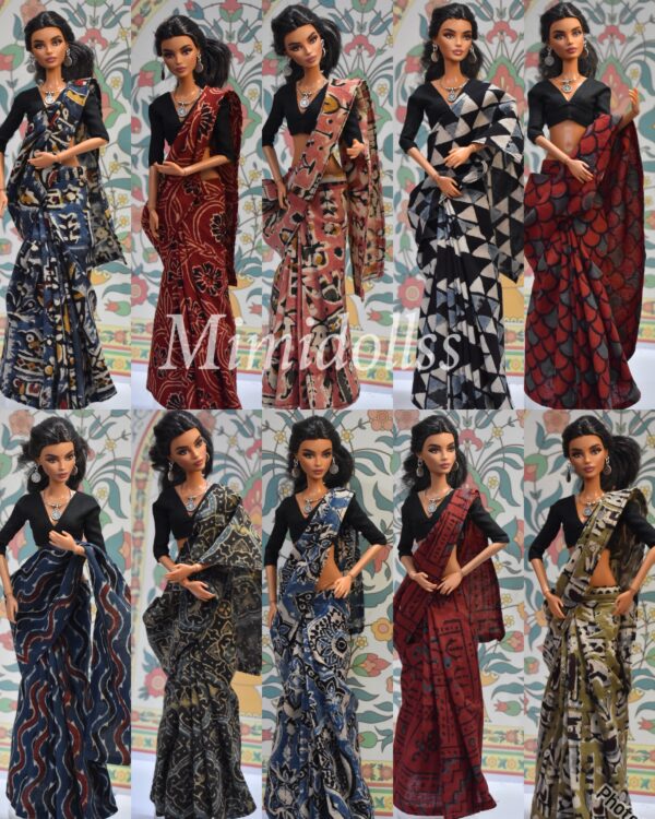 A set of 10 Indian block printed cotton sarees with accessories for doll