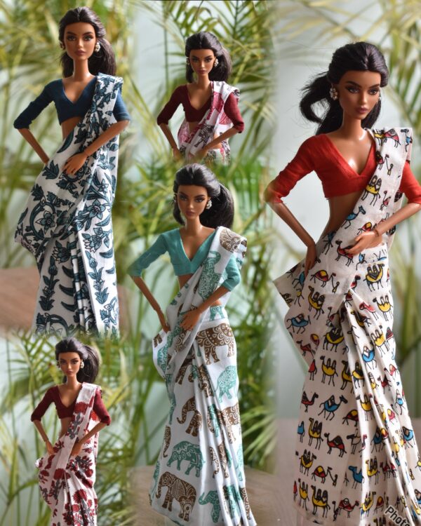 A set of 5 cotton sarees with accessories for Barbie doll