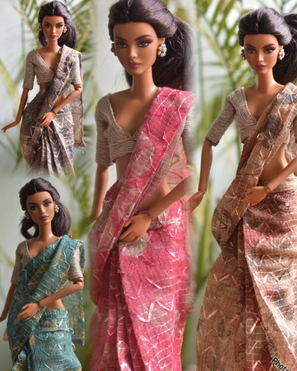 A set of 4 sarees for Barbie doll with jewellery