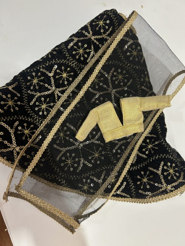 Black embroidered lehenga with accessories for doll