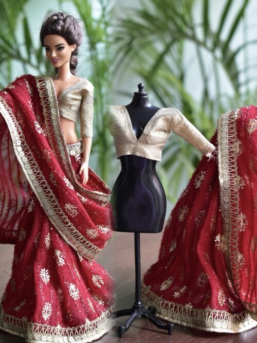 Maroon bridal saree for Barbie doll