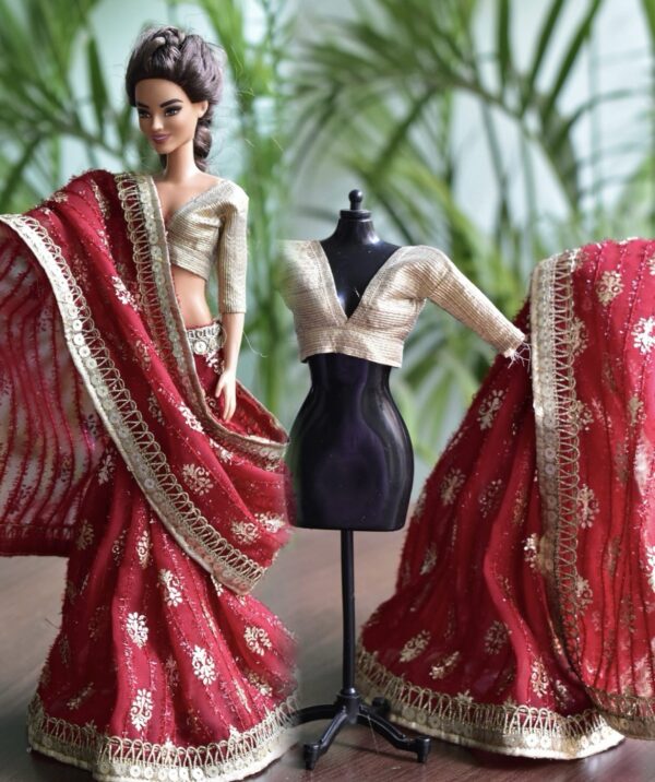 Maroon bridal saree for Barbie doll