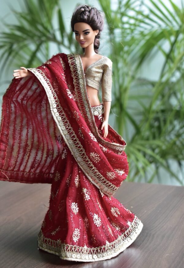 Maroon bridal saree for Barbie doll