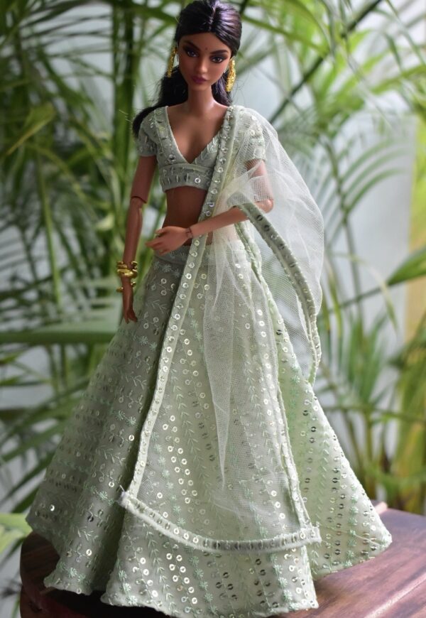 Embroidered Pastel green lehenga for Barbie doll