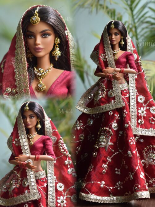 Embellished maroon bridal lehenga for Barbie doll