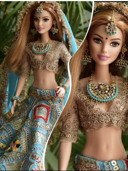 Embellished blue bridal lehenga for Barbie doll with jewellery