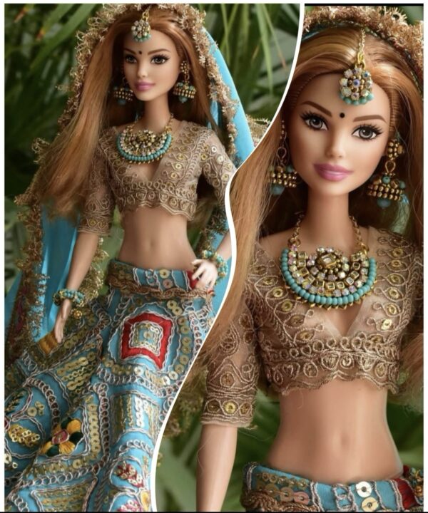 Embellished blue bridal lehenga for Barbie doll with jewellery