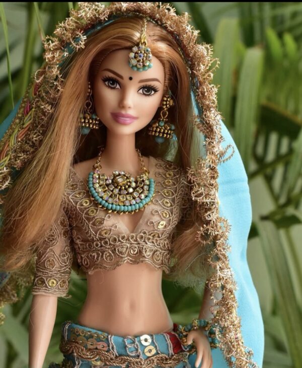 Embellished blue bridal lehenga for Barbie doll with jewellery