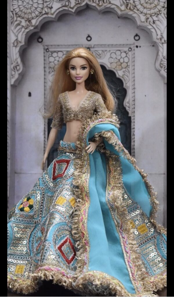 Embellished blue bridal lehenga for Barbie doll with jewellery