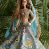 Embellished blue bridal lehenga for Barbie doll with jewellery