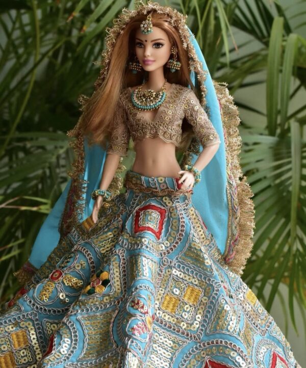 Embellished blue bridal lehenga for Barbie doll with jewellery