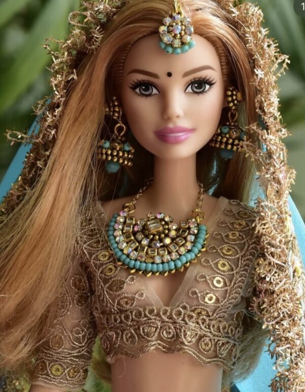 Embellished blue bridal lehenga for Barbie doll with jewellery