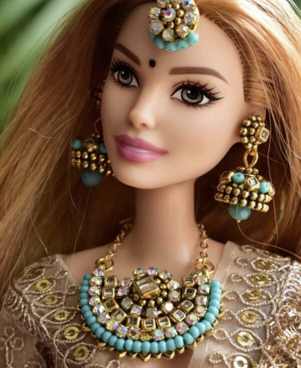 Embellished blue bridal lehenga for Barbie doll with jewellery