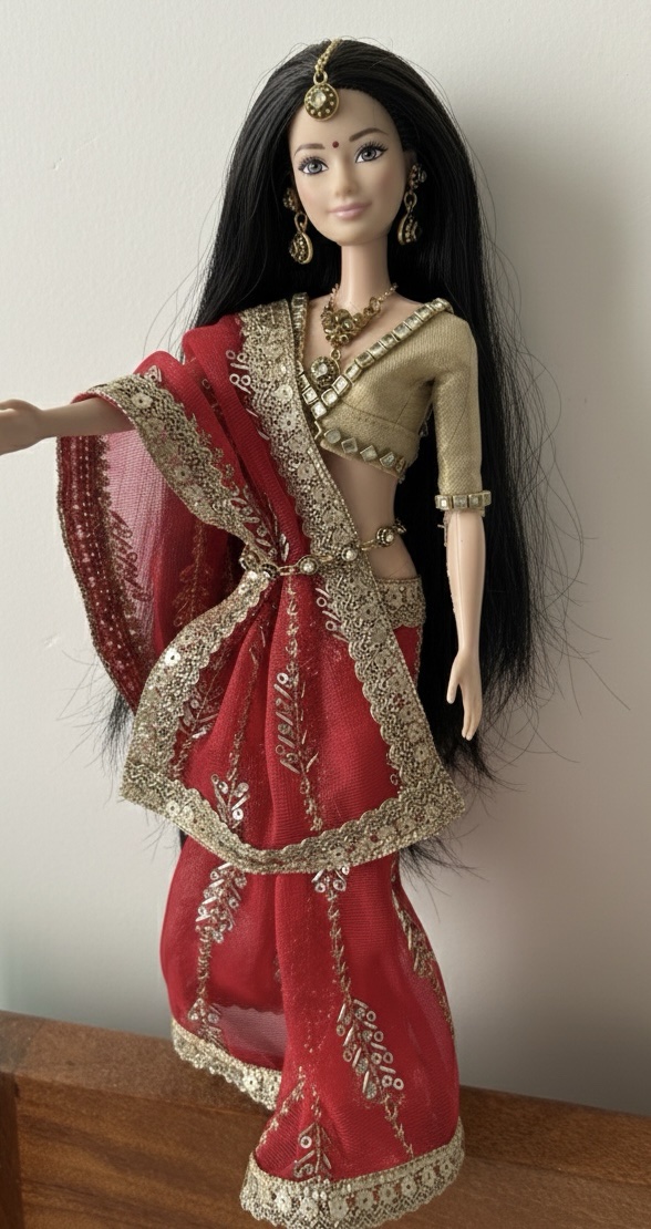 Embellished red bridal saree for Barbie doll