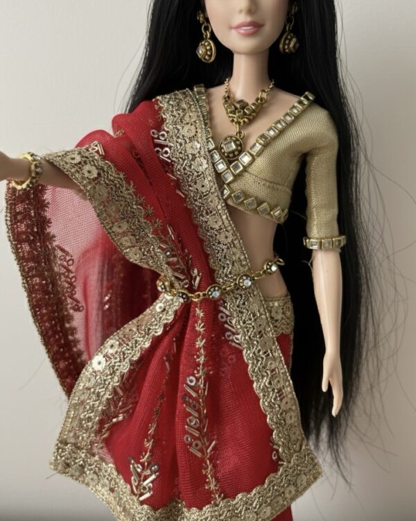 Embellished red bridal saree for Barbie doll