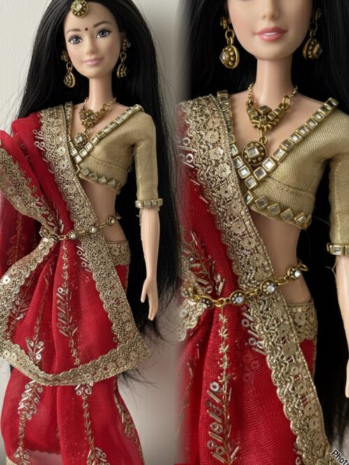 Embellished red bridal saree for Barbie doll