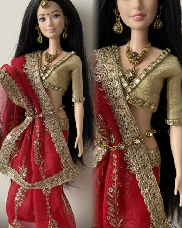 Embellished red bridal saree for Barbie doll