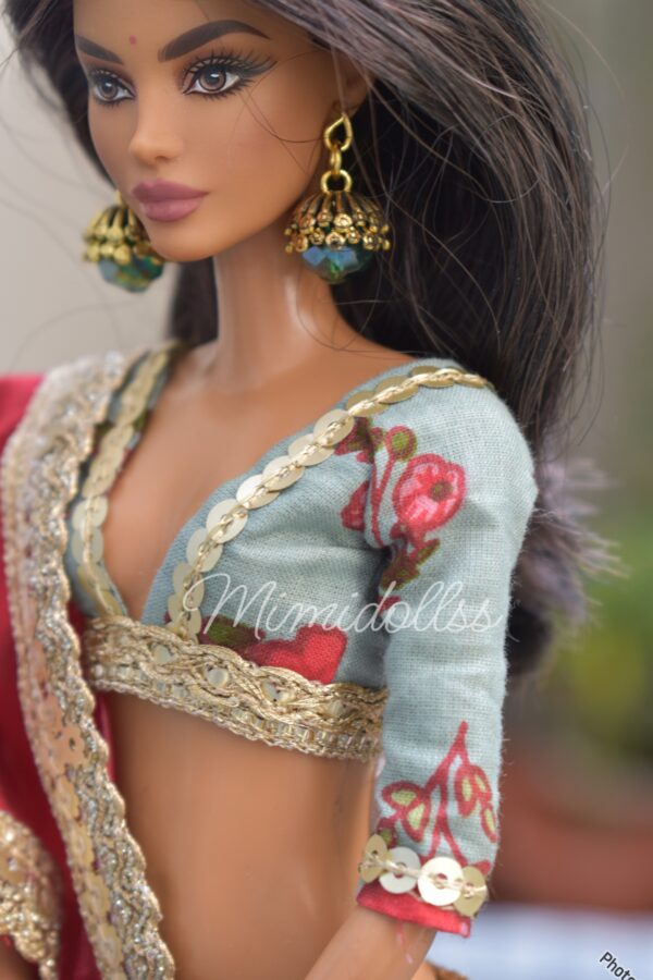 Embellished printed cotton lehenga for doll