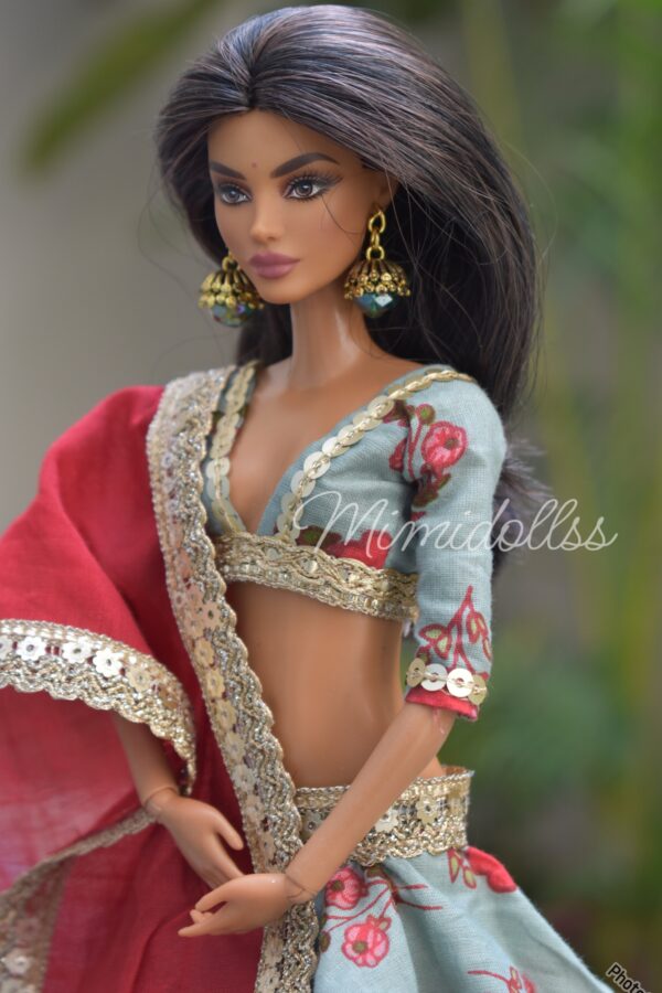 Embellished printed cotton lehenga for doll