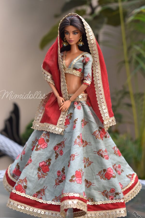 Embellished printed cotton lehenga for doll