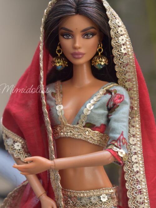 Embellished printed cotton lehenga for doll