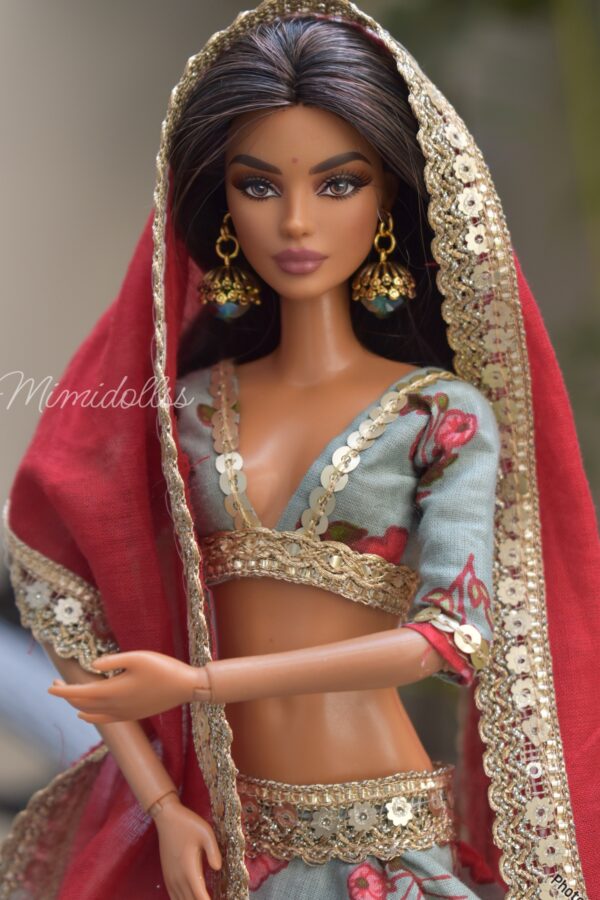 Embellished printed cotton lehenga for doll