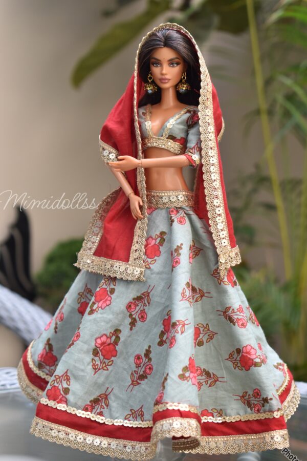 Embellished printed cotton lehenga for doll