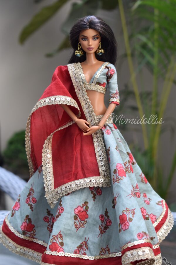 Embellished printed cotton lehenga for doll