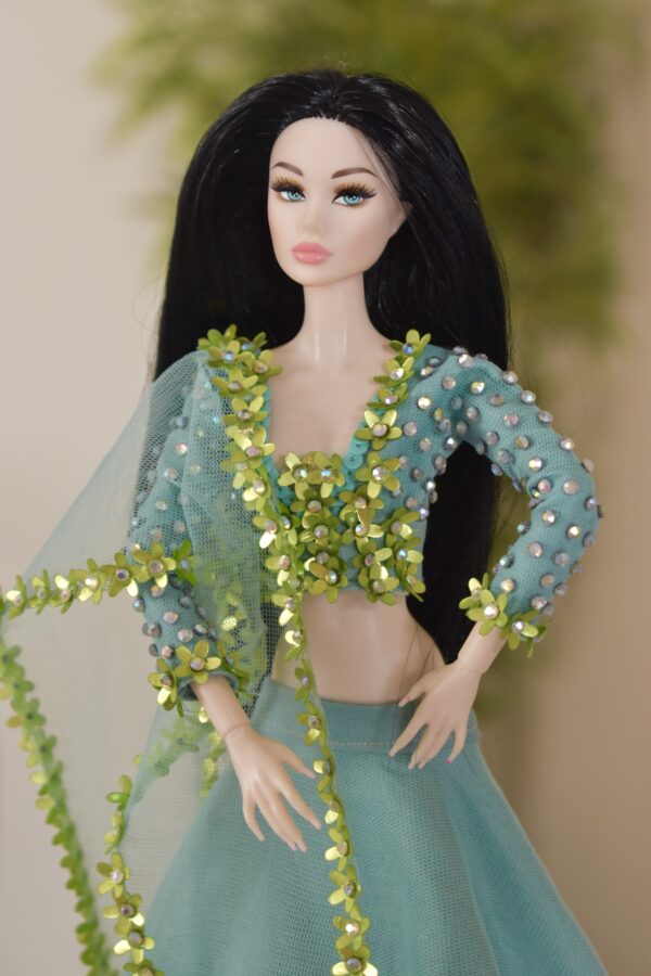 Teal green embellished lehenga for Barbie doll