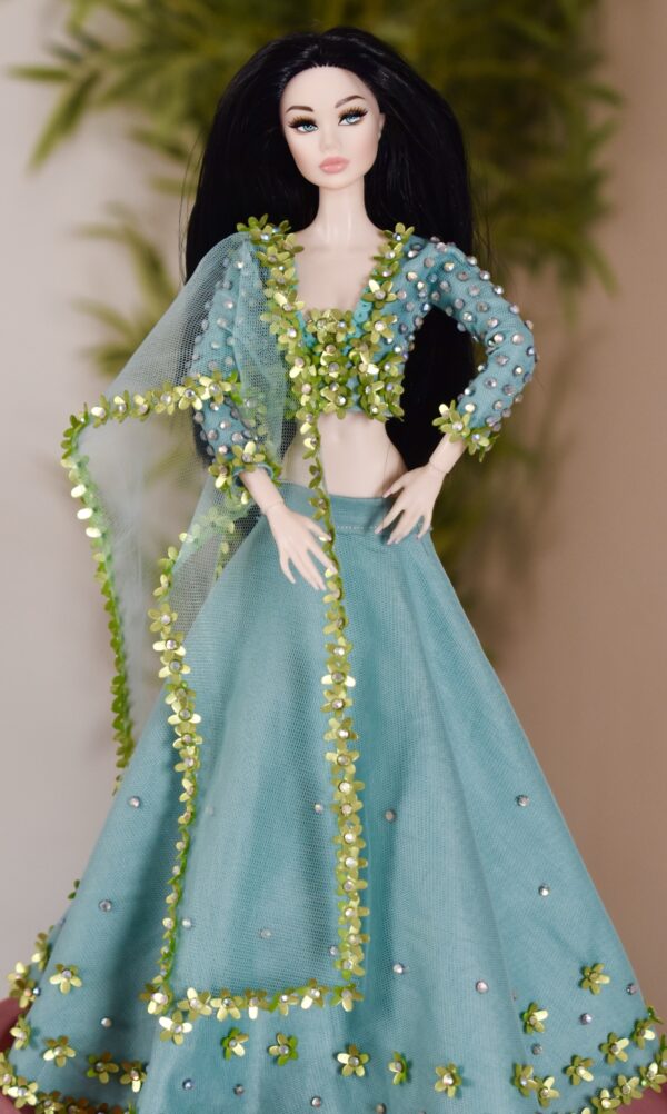 Teal green embellished lehenga for Barbie doll