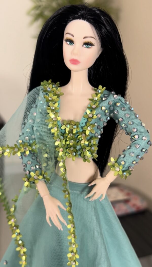 Teal green embellished lehenga for Barbie doll