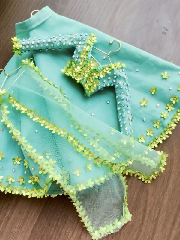 Teal green embellished lehenga for Barbie doll
