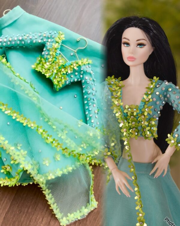 Teal green embellished lehenga for Barbie doll