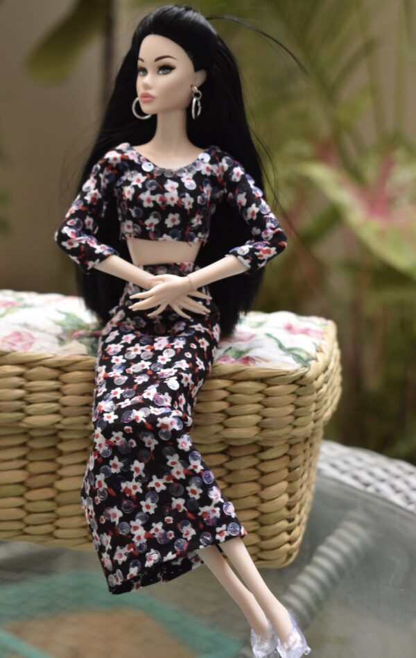 Black floral dress for doll