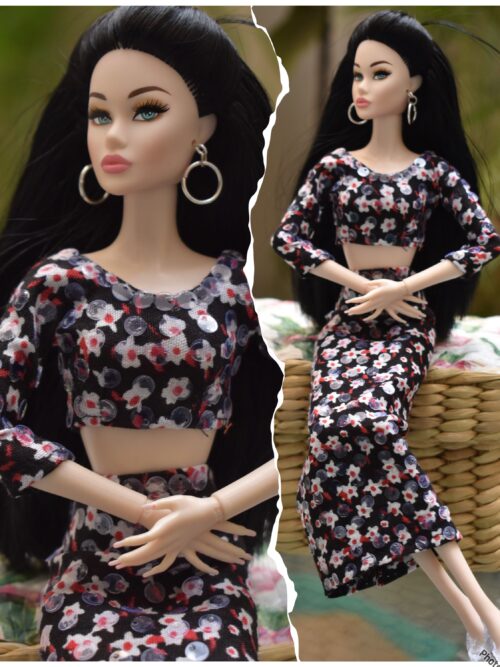 Black floral dress for doll