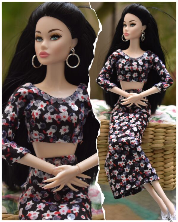 Black floral dress for doll