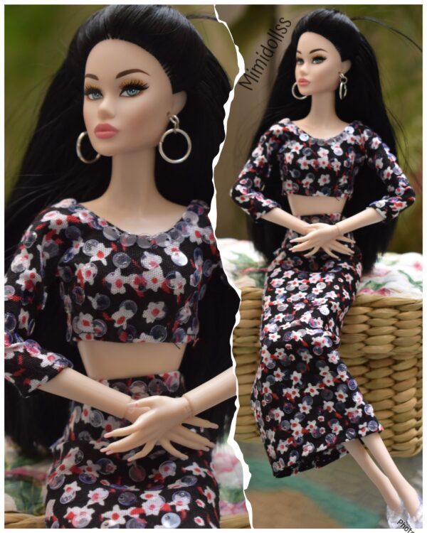 Black floral dress for doll