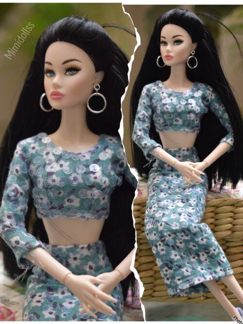 Teal floral dress for doll