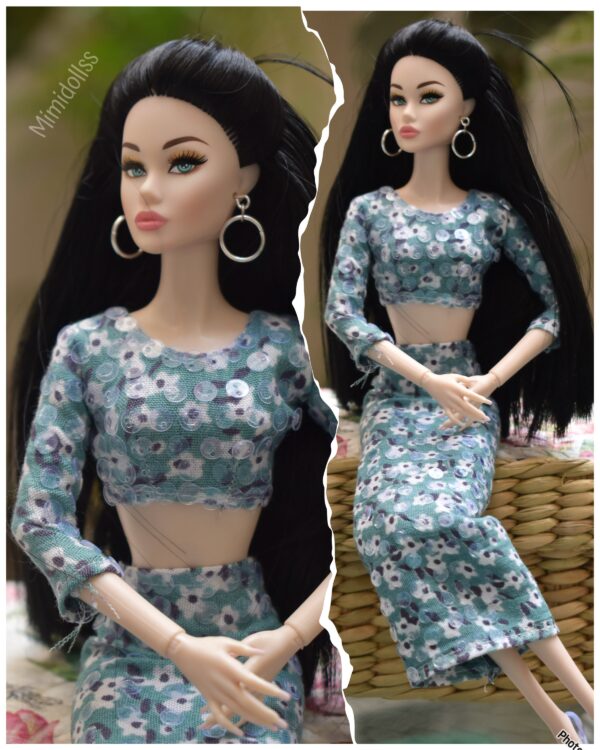 Teal floral dress for doll
