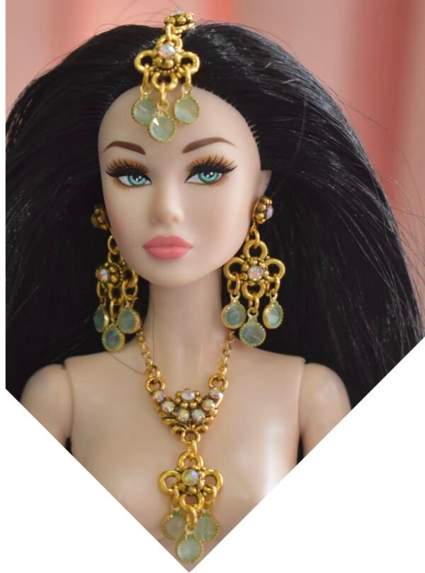 Gold and teal bridal jewelry for dolls