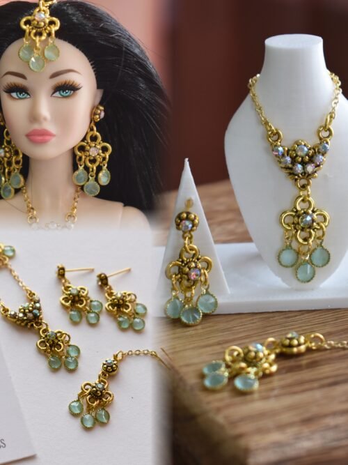 Gold and teal bridal jewelry for dolls
