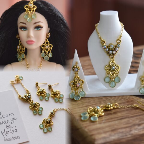 Gold and teal bridal jewelry for dolls